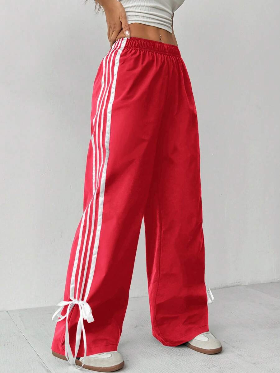 SHEIN PETITE Women's Side Striped Tie-Up Long Pants | SHEIN