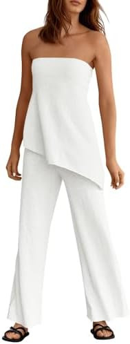 Tankaneo Womens 2 Piece Outfits Asymmetrical Tube Top Wide Leg Pants Knit Vacation Travel 2026 Ma... | Amazon (US)
