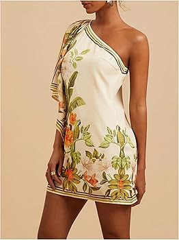 Floerns Women's Floral One Shoulder Mini Dress Dolman Sleeve Vacation Tunic Dresses | Amazon (US)