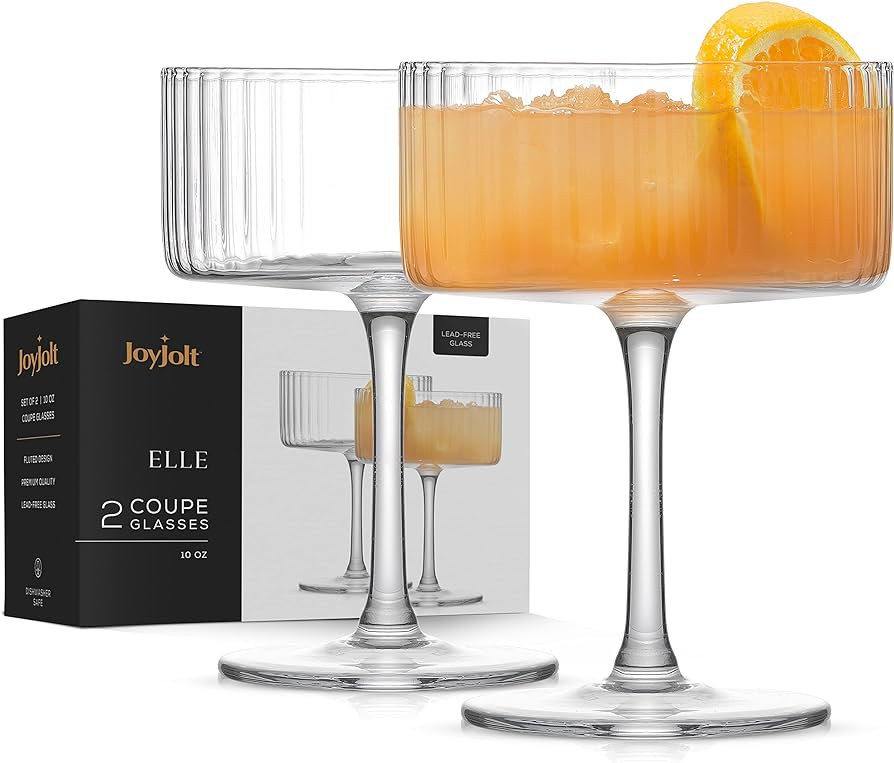 Amazon.com | JoyJolt Fluted Ribbed Glasses - 10oz Coupe Glass Set of 2, Unique Champagne Glasses ... | Amazon (US)
