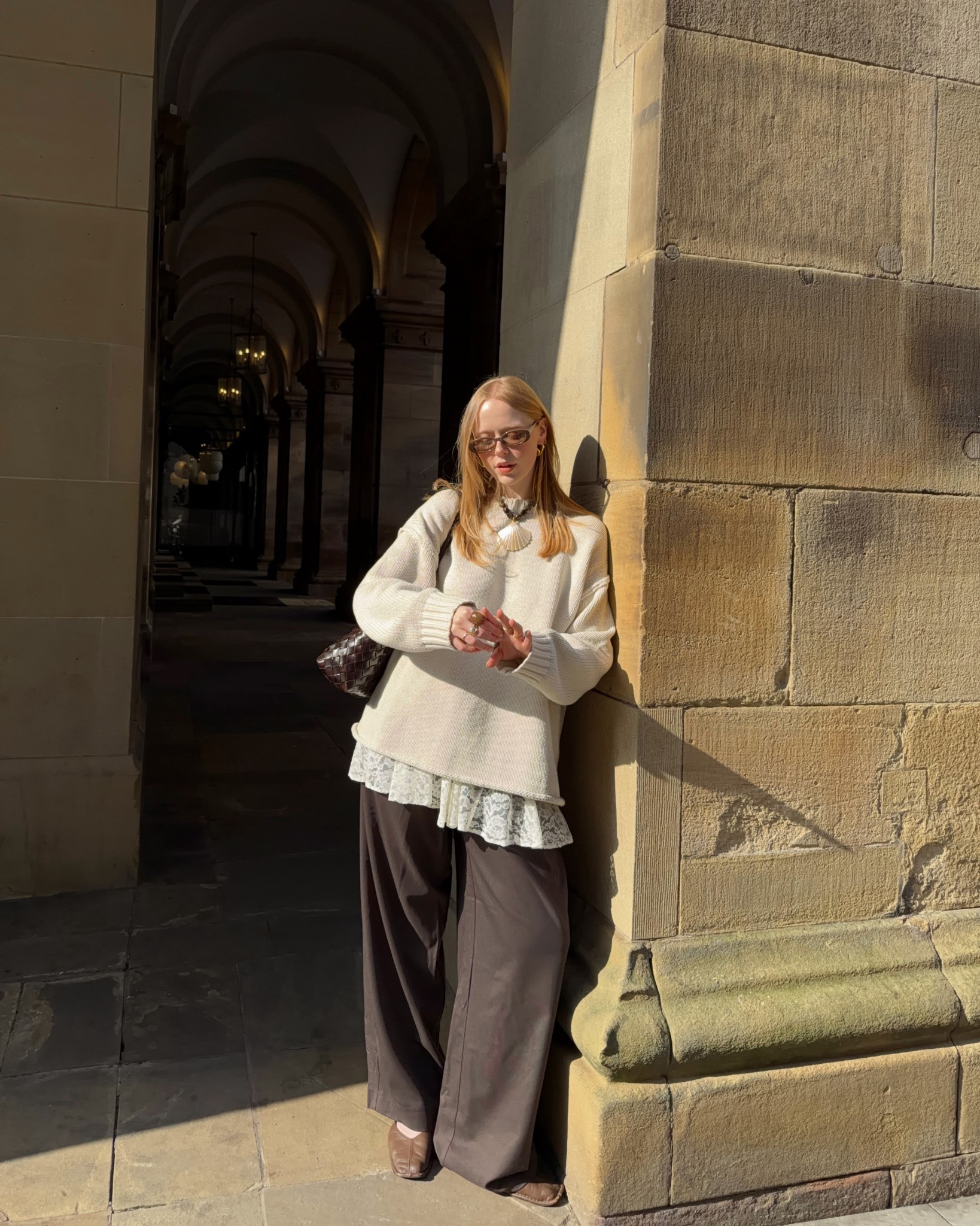 Dissh, Knitwear, Jumper, Brown Trousers, Wide Leg Trousers, Alohas, Ballet Flats, Sea Shell Necklace, Sezane, Le Specs, 

#LTKuk #LTKspring #LTKeurope