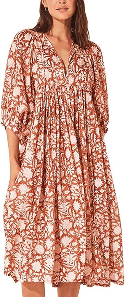 Boho Maxi Dress for Women Floral Print Midi Dress 3/4 Sleeve Plus Size Midi Dress Flowy Beach Lon... | Amazon (US)