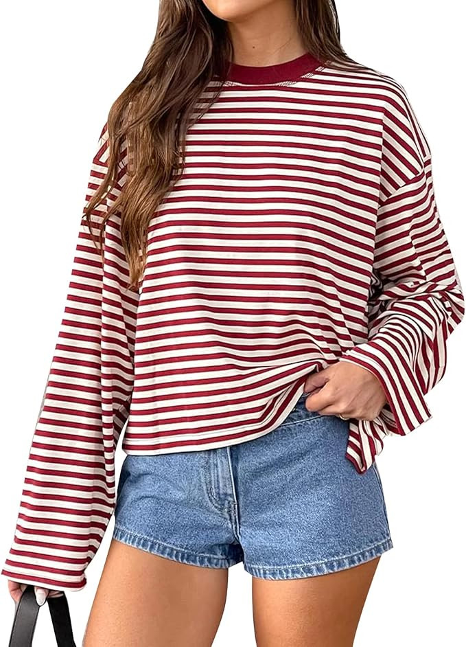 Women Y2k Long Sleeve Fairy Grunge Striped Baggy Tees Shirts 2000s Emo Aesthetic Sweater Crop Top... | Amazon (US)