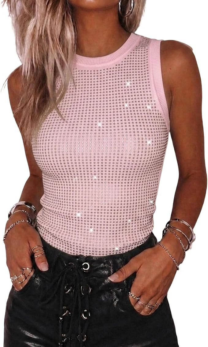 CHICME Women's Studded Sleeveless Knit Tank Top Slim Fit Ribbed Top Y2K Party Going Out Tops | Amazon (US)