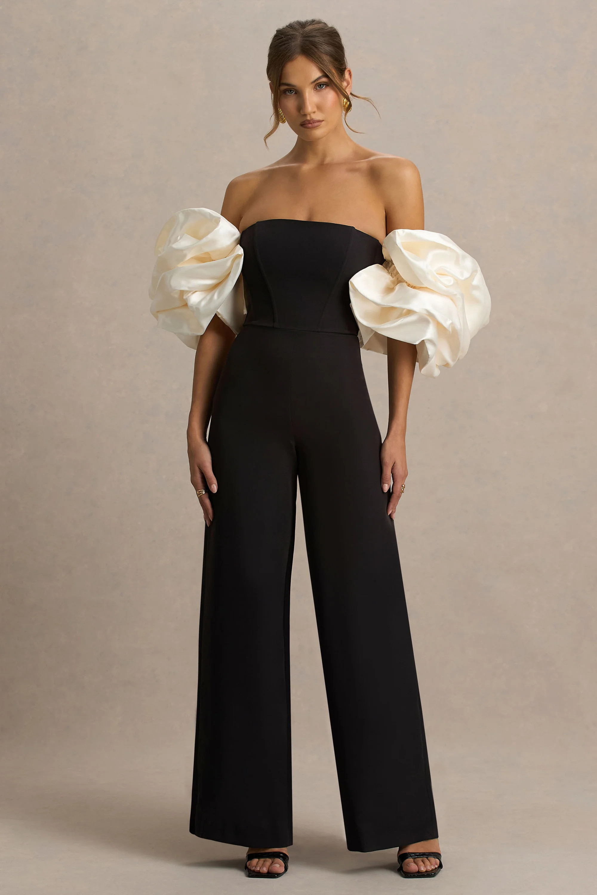 Panama | Black Bardot Jumpsuit With Cream Puff Sleeves | Club L London