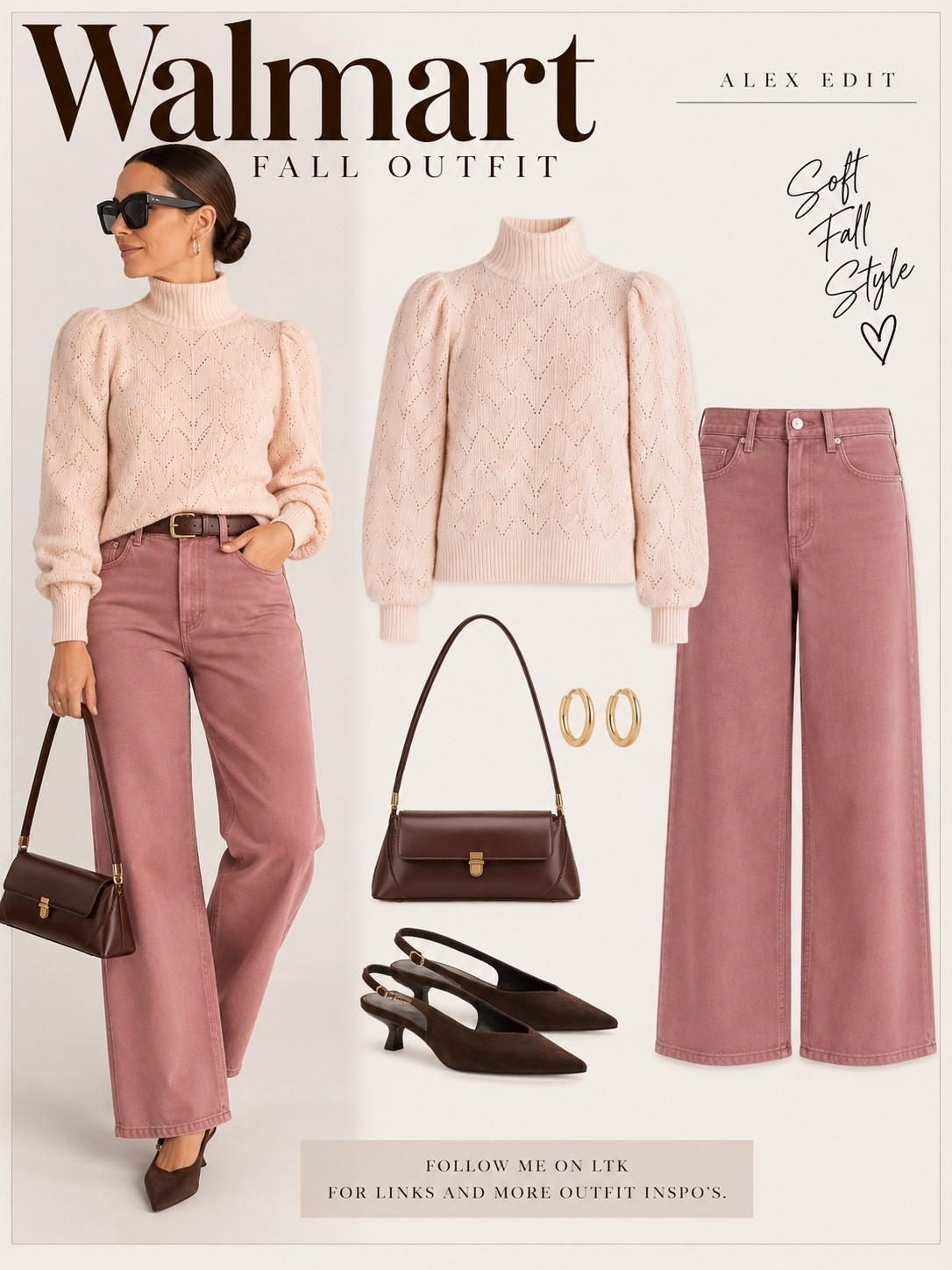 Fall style doesn’t always have to mean deep burgundies, rich browns, and darker shades. Sometimes a softer palette feels just as fitting for the season.

I love the unexpected pairing of dusty rose and blush pink with touches of chocolate brown. The puff-sleeve sweater adds a little romance, while the wide-leg denim keeps the look relaxed. A chocolate brown belt, structured shoulder bag, and suede slingback heels bring just enough richness to make these softer shades feel right at home in a fall wardrobe.

A little unexpected color can be a refreshing change from the usual autumn palette.