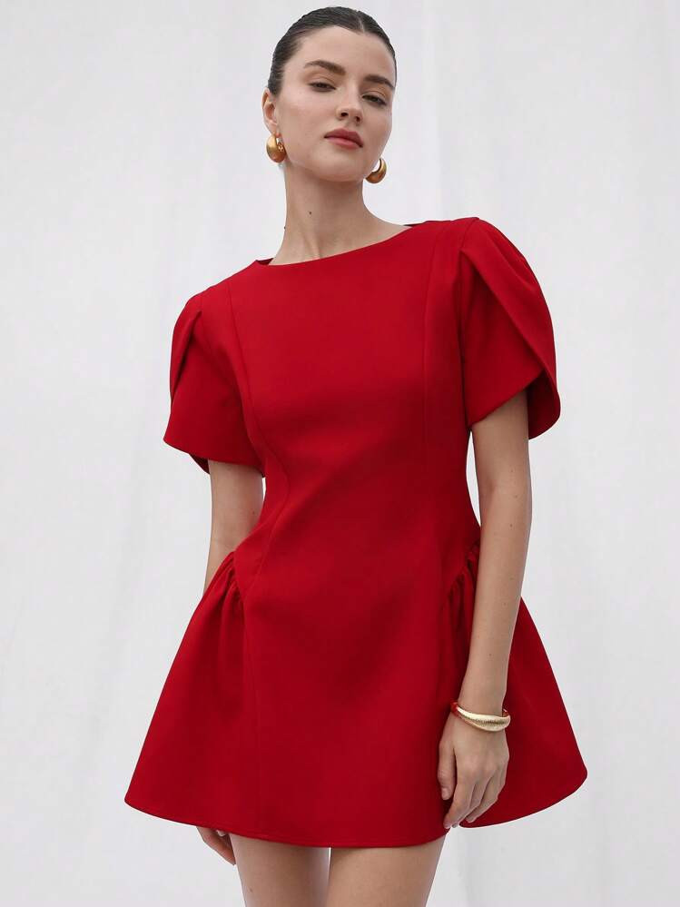 Aveloria Rosie Princess Short Tulip Print Puff Spliced Hem Round Neck Short Sleeve Dress | SHEIN