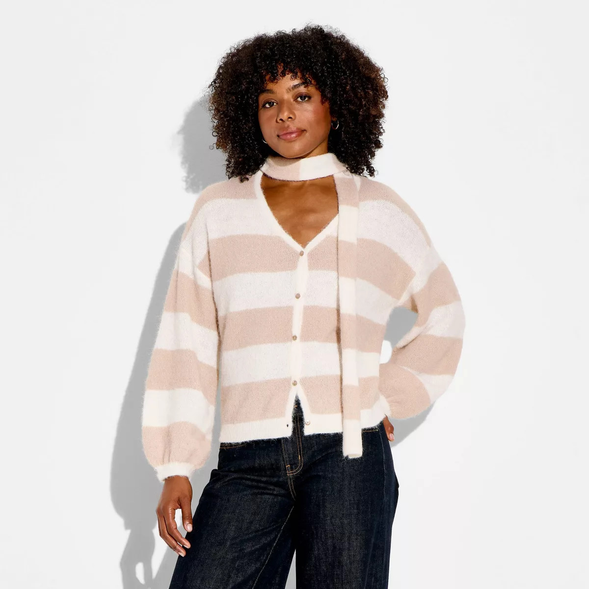 Women's Long Sleeve V-Neck Cardigan - Wild Fable™ Beige Striped 1X | Target