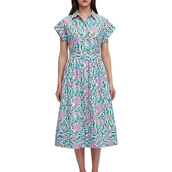 Women Summer Dresses 2025 Casual Wing Short Sleeve Button Down Midi Dress Floral Long Dress with ... | Amazon (US)