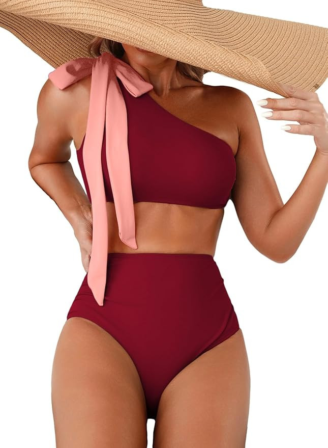 Herseas Womens Bikini Sets 2 Piece One Bow-Shoulder Swimsuit Ruched Bathing Suit | Amazon (US)