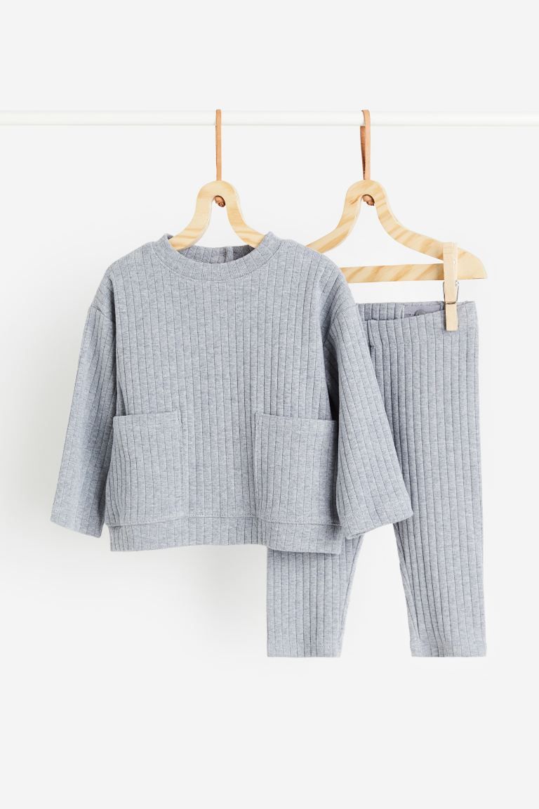 2-piece ribbed jersey set - Dusty blue marl - Kids | H&M GB | H&M (UK, MY, IN, SG, PH, TW, HK)