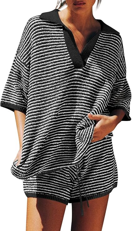 Tankaneo Womens Sweater Set 2 Piece Outfits Oversized 3/4 Sleeve V Neck Knit Tops High Waisted Sh... | Amazon (US)