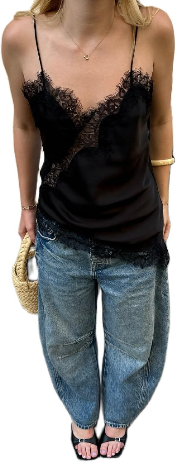 Women Satin Lace Camisole Top Sleeveless Spaghetti Strap Silk Lace Trim Cami Top Asymmetrical Tan... | Amazon (US)
