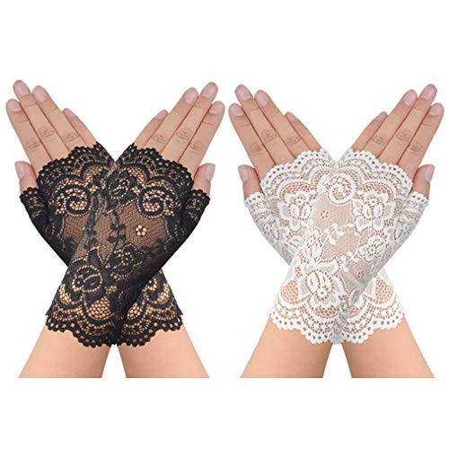 obmwang 2 Pairs Women's Lace Gloves Fingerless Floral Gloves for Bridal Prom Wedding Party Costume Accessories | Amazon (US)