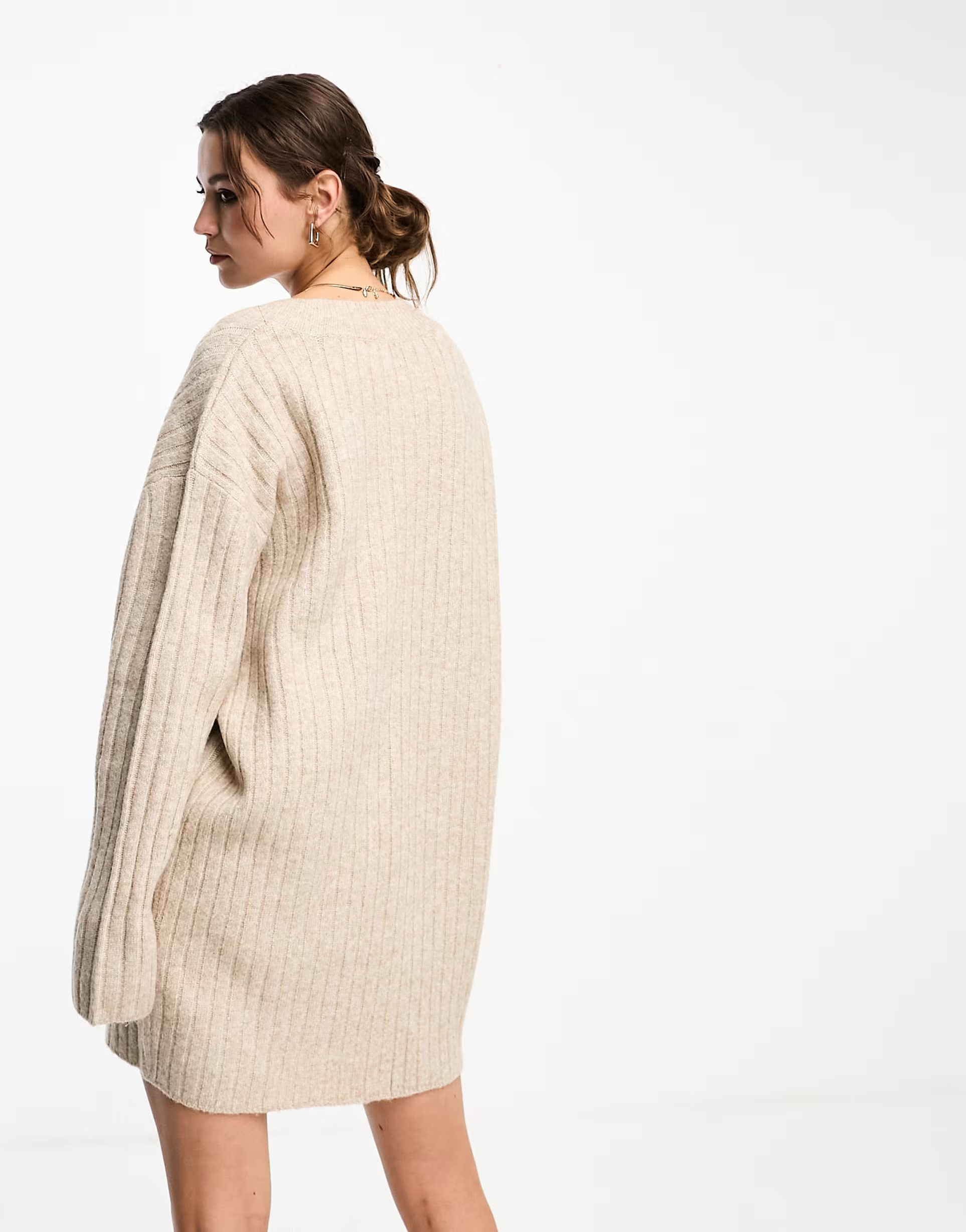 ASOS DESIGN knitted sweater mini dress with v neck in oatmeal | ASOS (Global)