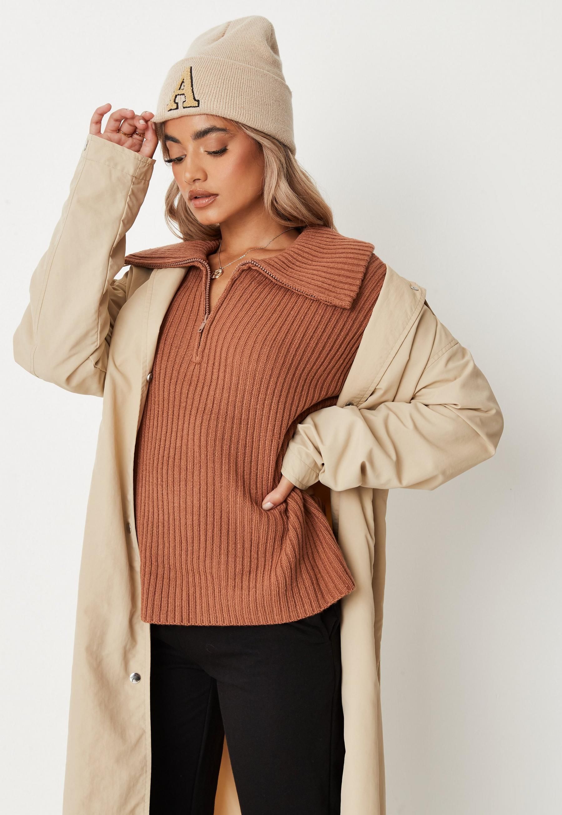 Missguided - Petite Sand Rib Funnel Neck Knit Sweater | Missguided (US & CA)