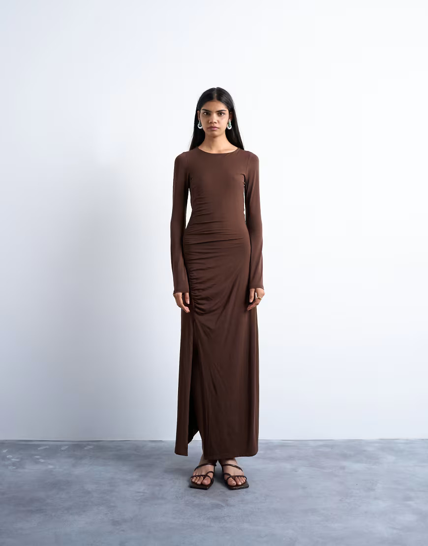 Topshop long sleeve ruched maxi dress in chocolate brown | ASOS (Global)