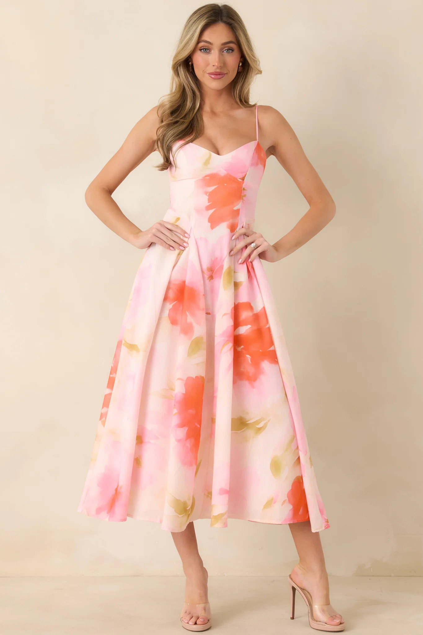 Loving Embrace Blush Pink Multi Floral Midi Dress | Red Dress
