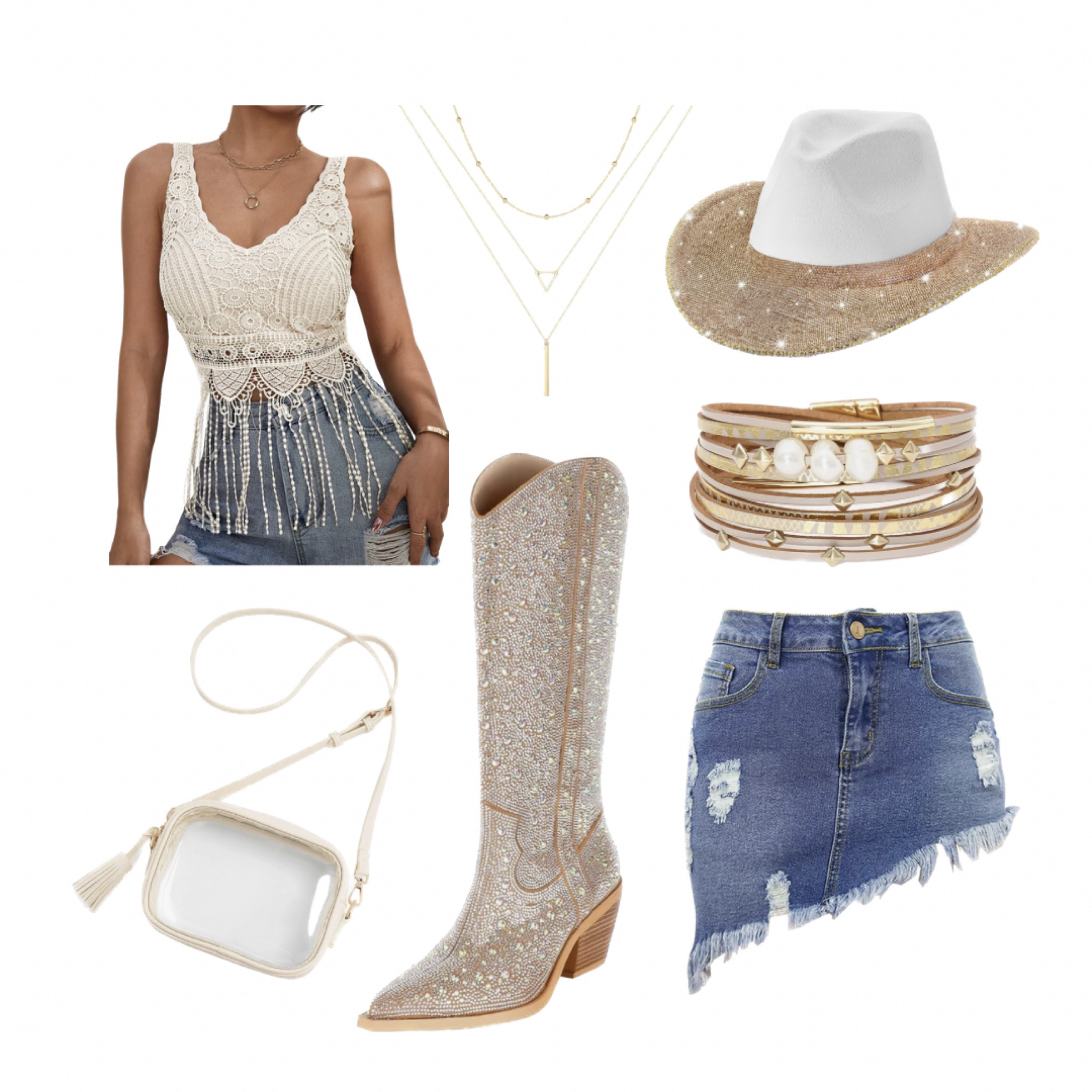 The cutest country concert outfit for summer! Giving all the rhinestones and sparkle a girl could want, but still keeping it classy and chic! Fringe crochet top, sparkly cowgirl boots, wrap bracelet, layered gold necklace, white and gold cowboy hat, denim skirt & clear bag!

#LTKFestival #LTKshoecrush #LTKstyletip
