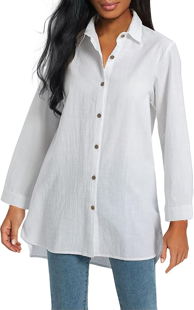Minibee Women's Long Sleeve Shirts Button Down Blouse Cotton Tunic High Low Tops | Amazon (US)