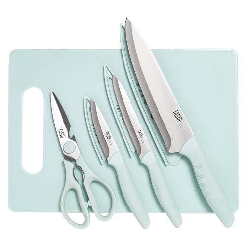 Tasty 5-Piece Cutlery & Cutting Board Set, High-Carbon Stainless Steel Knives with Soft Grip Handles, Reversible Cutting Board for Chopping & Serving, Aqua | Amazon (US)