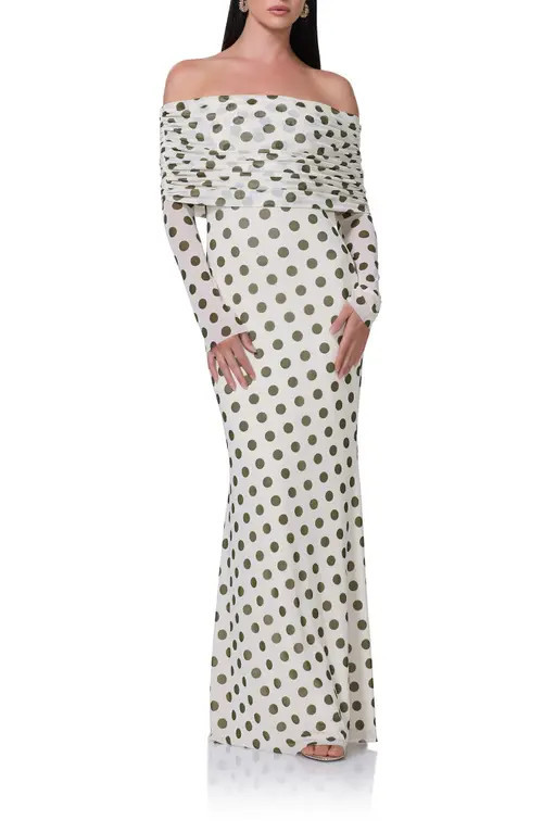 AFRM Thelma Off the Shoulder Long Sleeve Maxi Dress in Birch Dot at Nordstrom, Size Xx-Small | Nordstrom