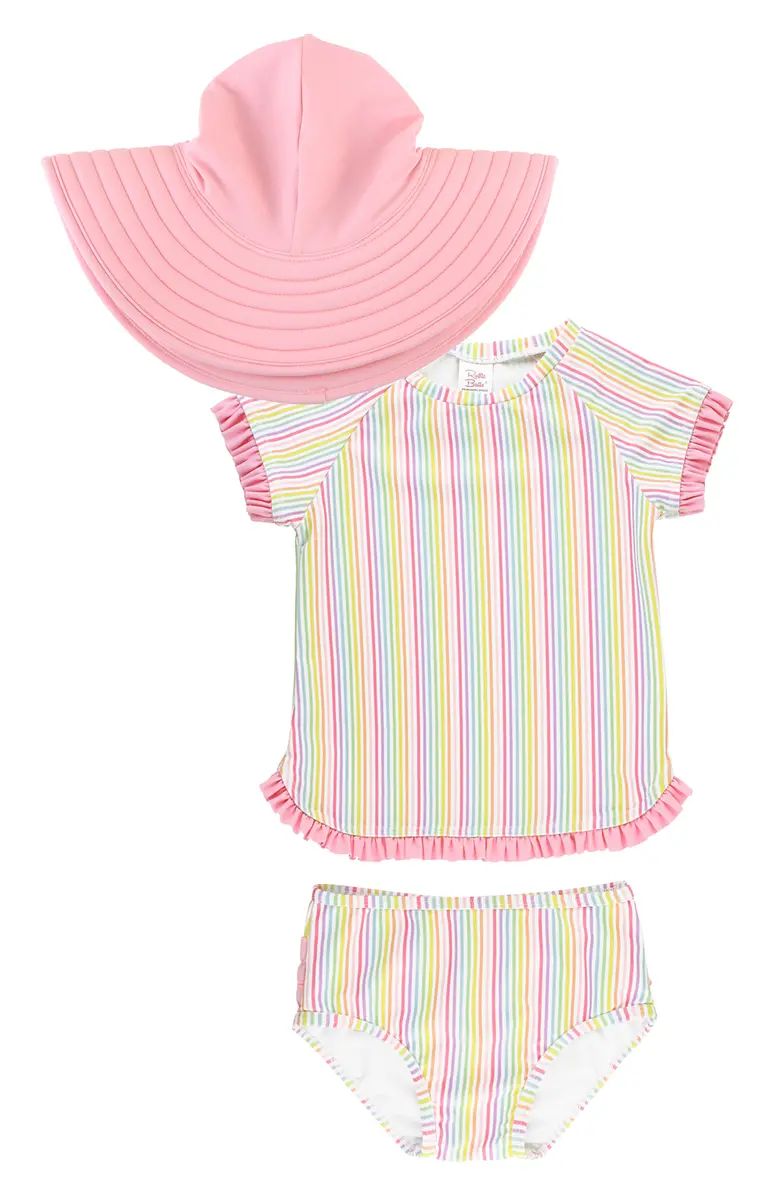 Kids' Rainbow Stripe Two-Piece Rashguard Swimsuit & Floppy Sun Hat Set | Nordstrom | Nordstrom