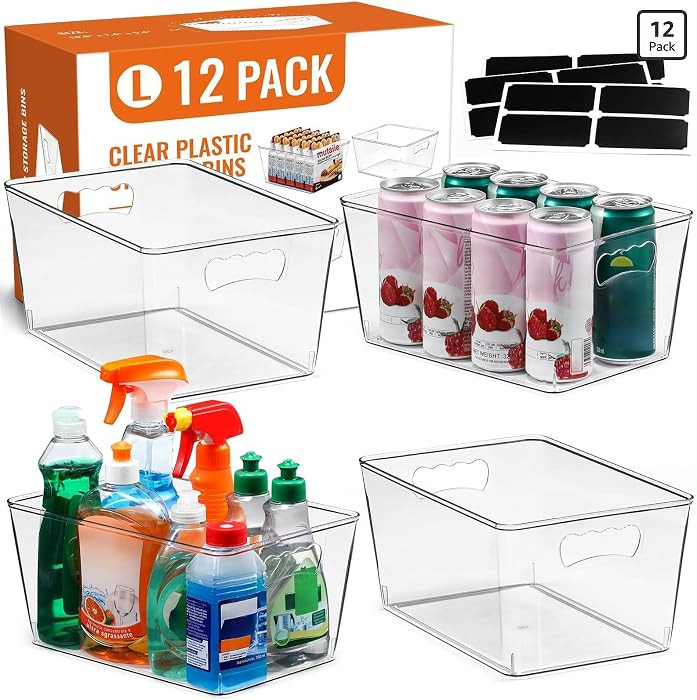 12 PACK LARGE Clear Storage Bins with Handles & Labels, Multiuse Plastic Pantry Organizer Bins fo... | Amazon (US)