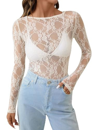 KTILG Sheer Tops for Women Cute Lace Top Mesh Top Women Sexy Festival Outfits Clubwear Fall Blouse 2025 Creamy Star Floral M | Amazon (US)