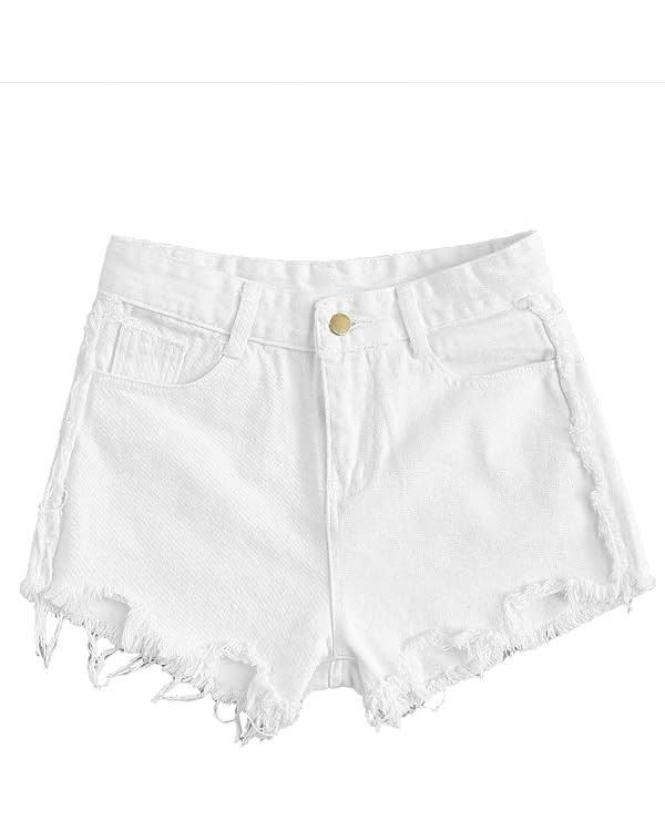 WDIRARA Women's Raw Hem Ripped Button Front Wide Leg Denim Jeans Casual Solid Shorts | Amazon (US)