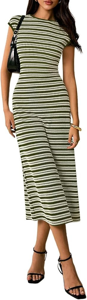 PRETTYGARDEN Women's 2026 Summer Bodycon Midi Dress Casual Striped Cap Sleeve Party Wedding Guest... | Amazon (US)