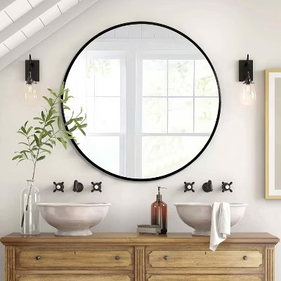 MAYEERTY 42 Inch Black Metal Framed Round Bathroom Mirror for Wall | Target