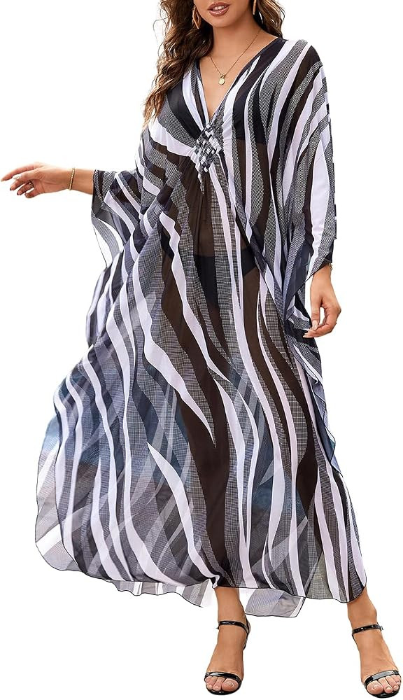 AILUNSNIKA Women Print Kaftan Casual Plus Size Caftan V-Neck Swimsuit Cover Up Ethnic Beach Dress... | Amazon (US)