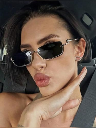 1pc New Semi-Rimless Metal Fashion High-End Small Square Sunglasses For Women Preppy Style For Back To Rectangle (Gold/Gray) | Amazon (US)