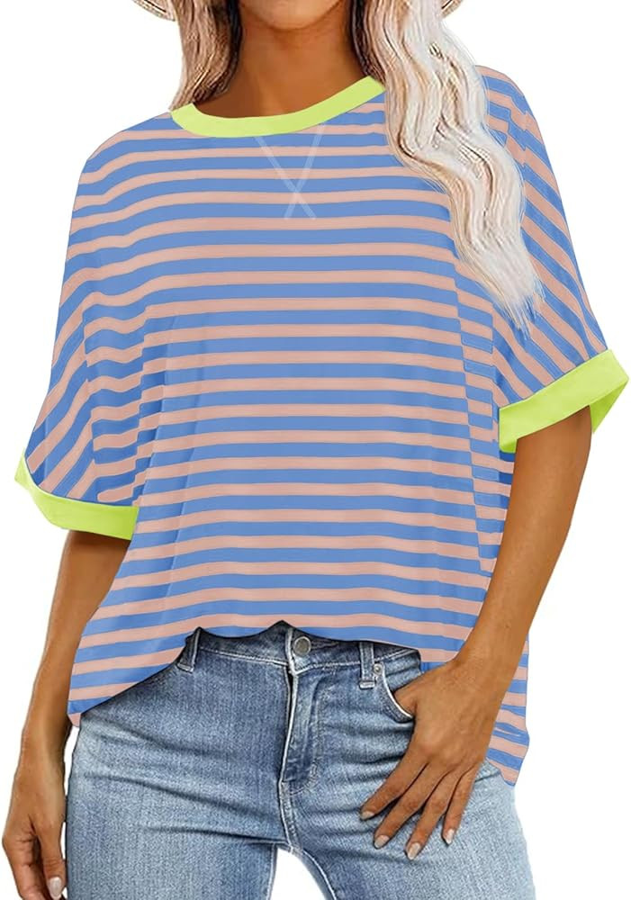 Tankaneo Womens Oversized Striped Tee Shirt Summer Casual Color Block Half Sleeve Crew Neck Tunic... | Amazon (US)