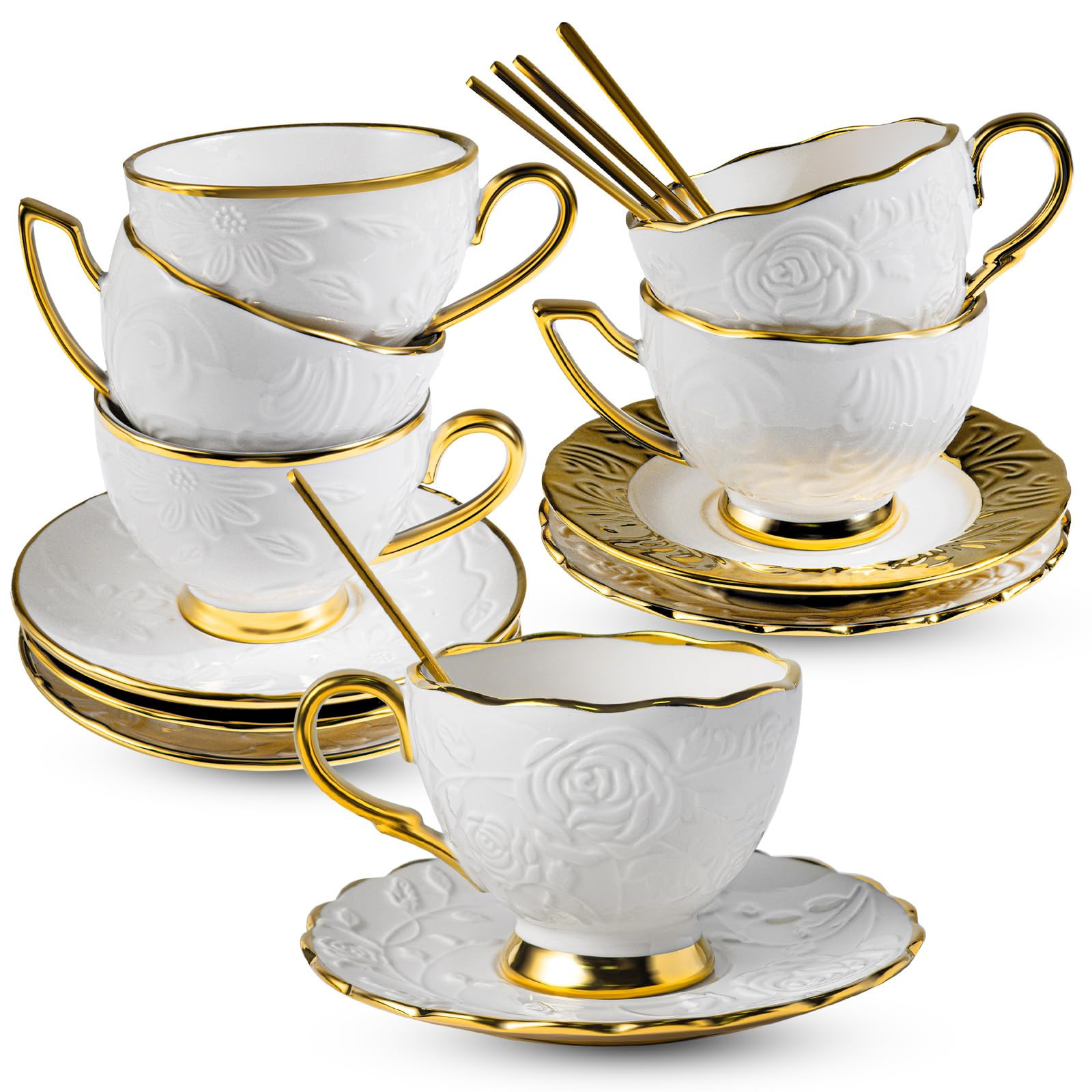 Cappuccino Cups with Saucers Set of 6, 7 OZ Ceramic Coffee Cup Set, Double Espresso Cups with Gol... | Amazon (US)