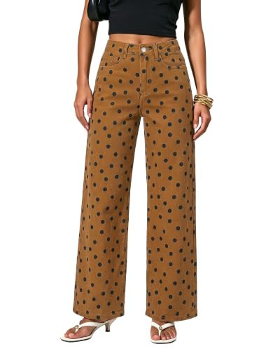 GRAPENT Wide Leg Denim Jean Pants Women Brown Black Polka Dot X-Large 16-18 | Amazon (US)