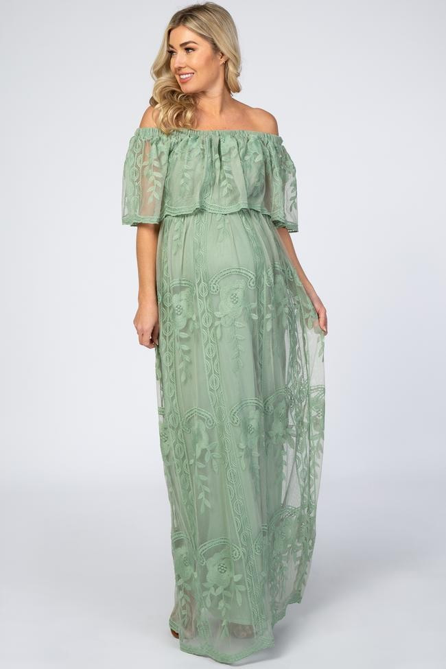 Light Olive Lace Overlay Off Shoulder Flounce Maternity Maxi Dress | PinkBlush Maternity