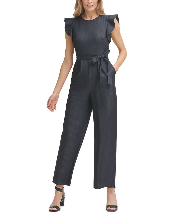 Calvin Klein Ruffle-Sleeve Chambray Jumpsuit & Reviews - Dresses - Women - Macy's | Macys (US)