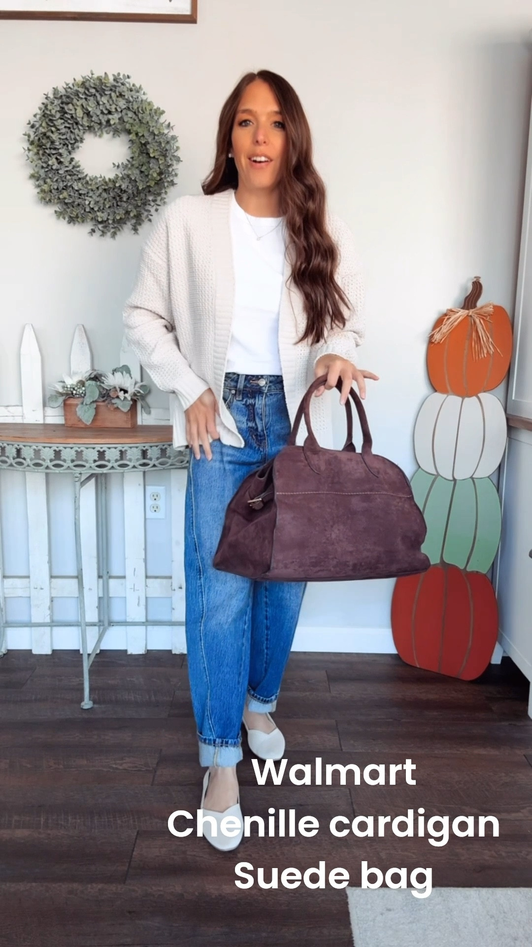 Chenille cardigan from Walmart! Size XS 
Ribbed tee XS 
Denim tts 
Shoes tts 

#LTKStyleTip #LTKFindsUnder100 #LTKFindsUnder50