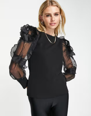 River Island ruffle organza sleeved top in black | ASOS (Global)