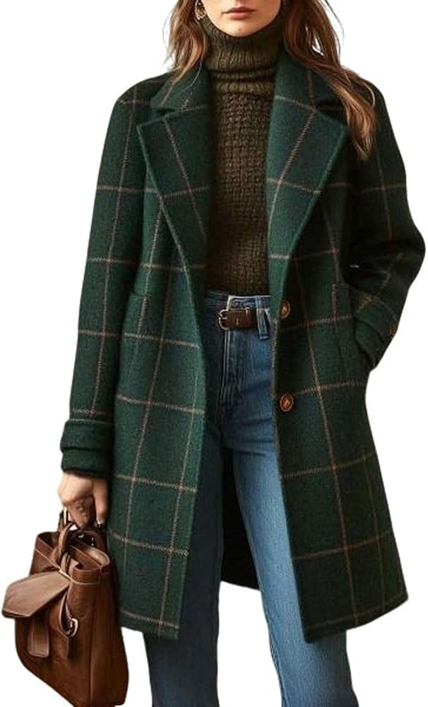 utcoco Women's Plaid Long Coat Lapel Button Down Warm Winter Overcoat | Amazon (US)