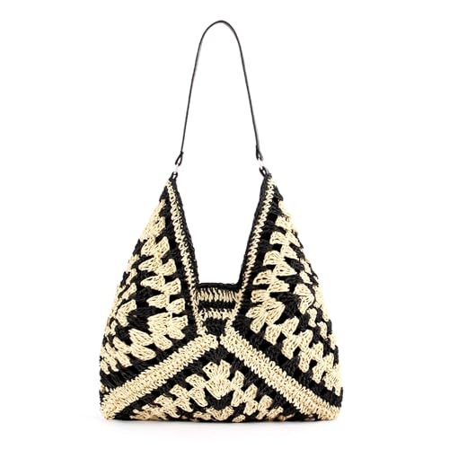 Straw Hobo Beach Bag for Women Summer Purses Woven Tote Bags Shoulder Tote Bag Summer Everything Tote Bag (Black) | Amazon (US)