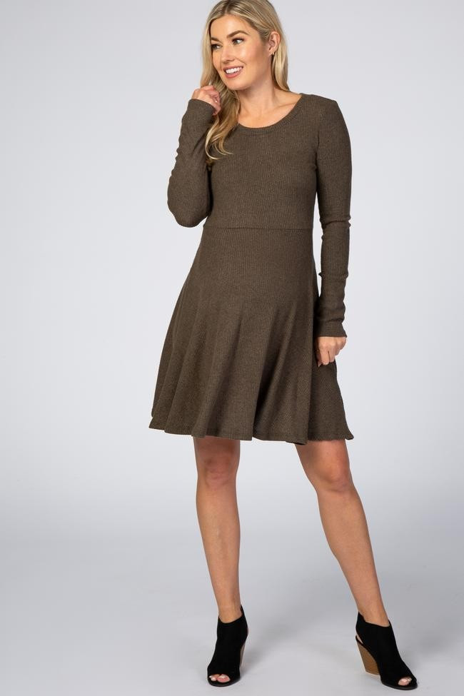 Olive Soft Ribbed Long Sleeve Maternity Swing Dress | PinkBlush Maternity