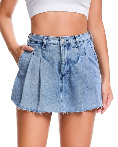 JIMYICLR Jean Skorts for Woman High Waisted A-line Denim Skort with Pockets Pleated Denim Mini Skirt with Shorts | Amazon (US)
