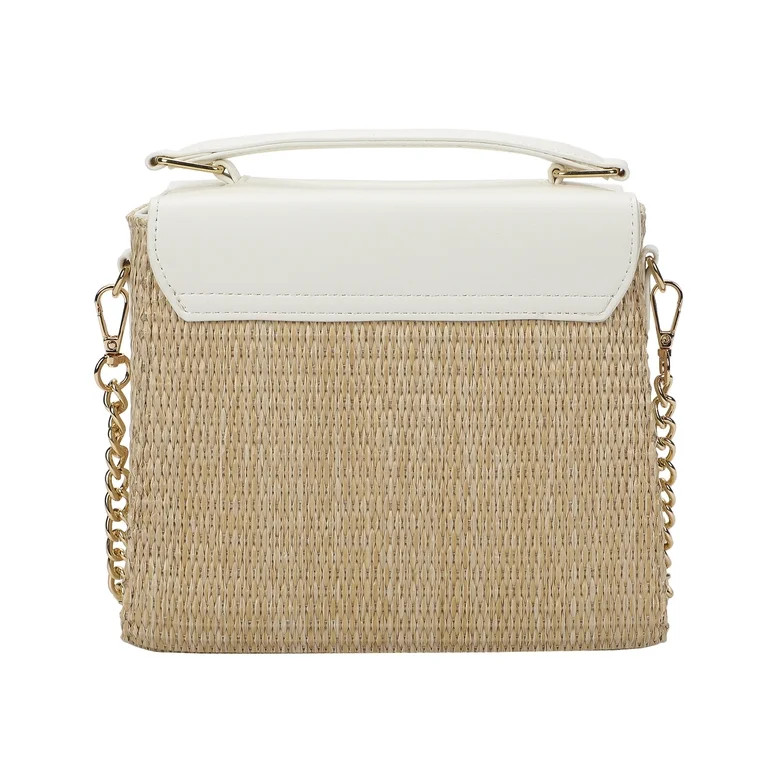 Packed Party Women's Woven Straw Crossbody Bag with Faux Leather Scallop and Chain Strap, White | Walmart (US)