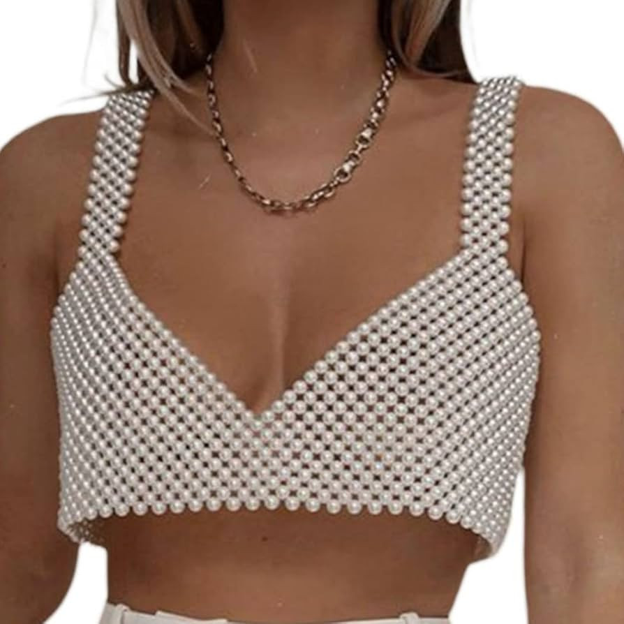 Aiosy Pearls Body Chain Bra Women Beaded Tank Tops Vest Crop Top Sexy Sleeveless Cover Ups Chest ... | Amazon (US)
