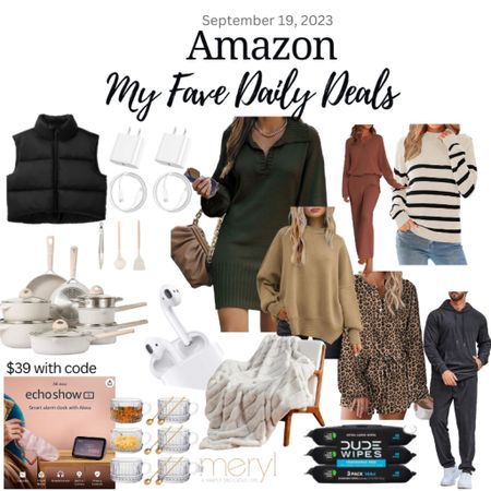 Amazon Deals 9.19.23
Cropped Puffer Vest Sweater Dress Raglan Sleeve Sweater Striped Sweater Leopard Pajamas Set Men’s Joggers Sweatsuit Cooking Set Fur Throw Moroccan Coffee Mugs with Spoon Dude Wipes AirPods Echo Show iPhone Chargers

#LTKfindsunder100 #LTKstyletip #LTKsalealert