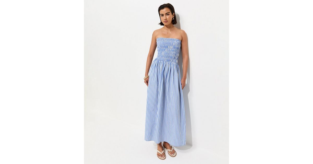 Women's Blue Striped Shirred Bandeau Dress New Look | New Look (UK)