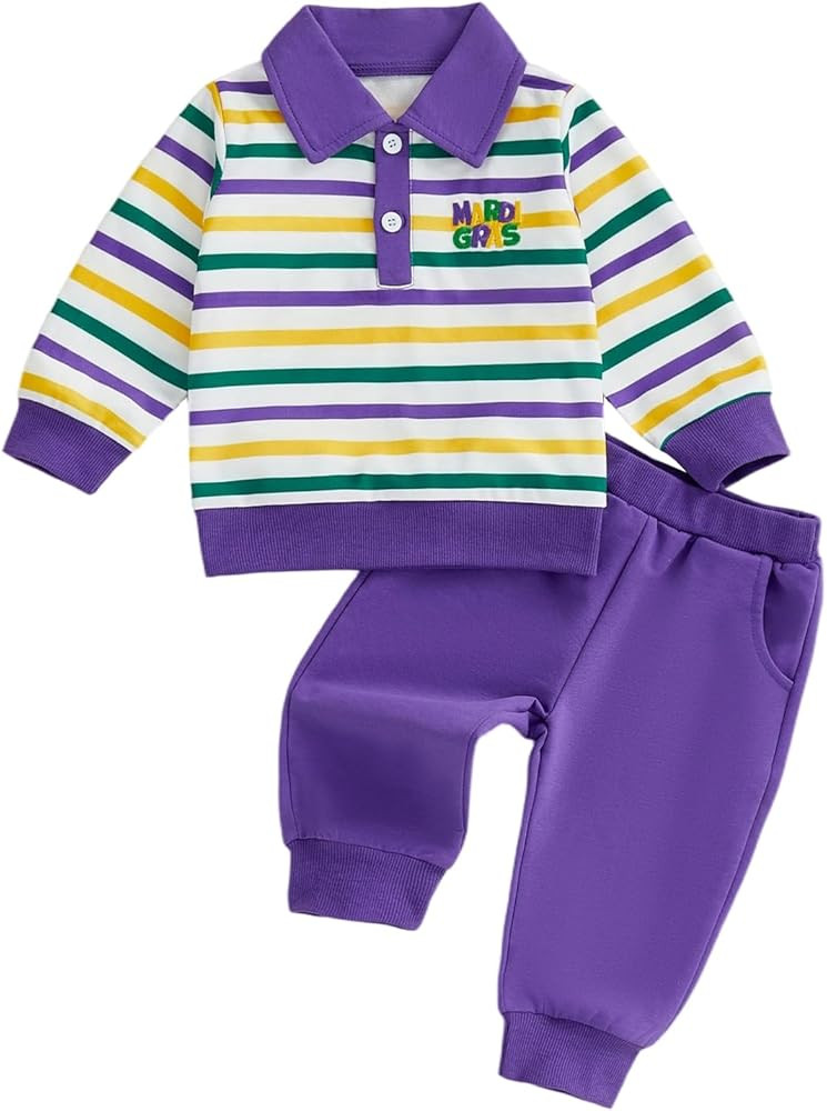 GOOCHEER Toddler Baby Boy Mardi Gras Outfit Button Collar Striped Long Sleeve Sweatshirt Pullover... | Amazon (US)